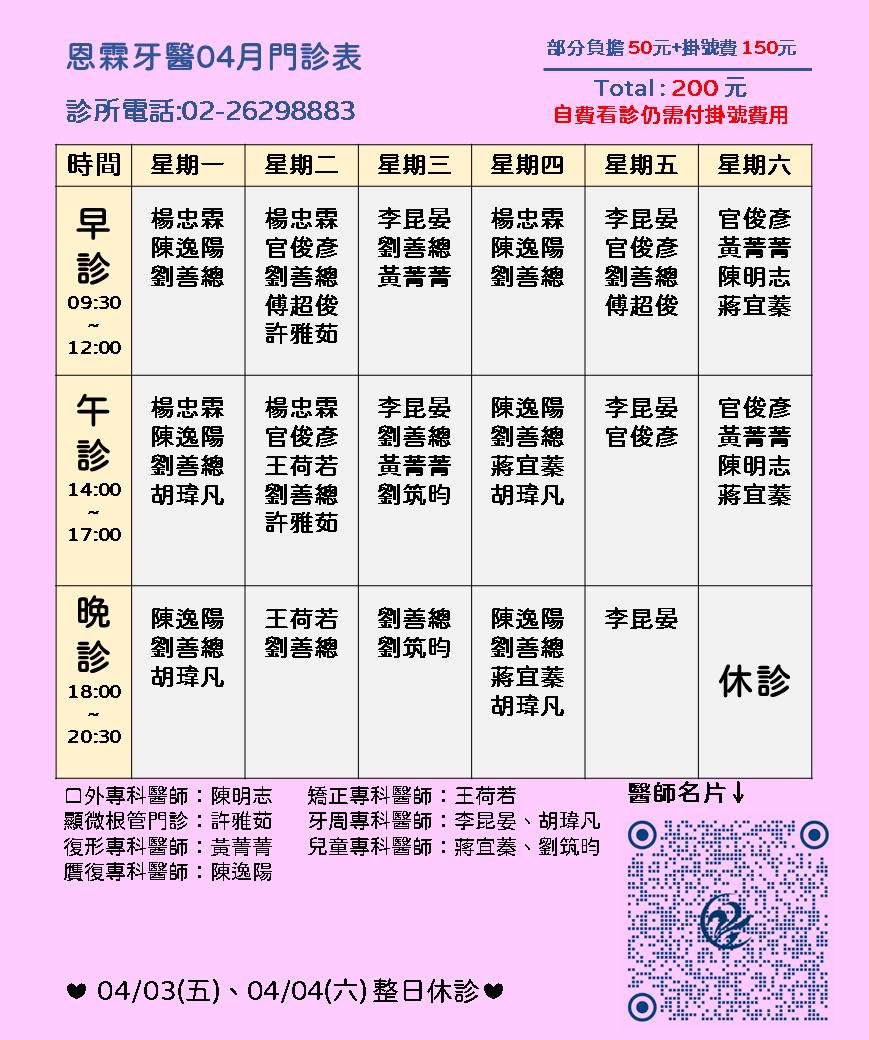 Read more about the article 淡水恩霖牙醫 115年4月門診表